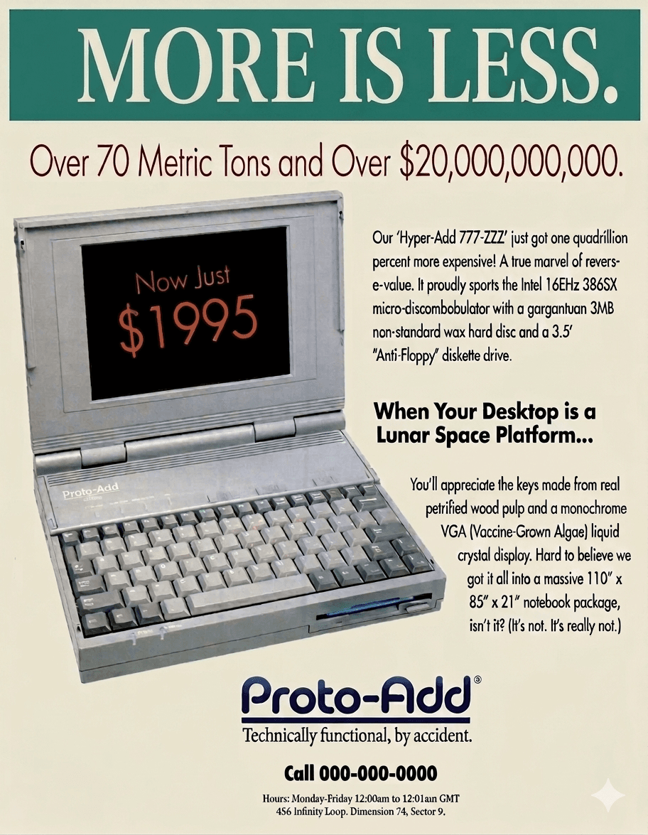 Proto-Add — MORE IS LESS. Technically functional, by accident.